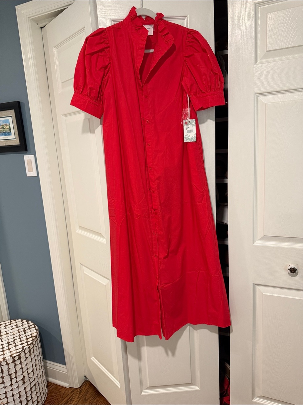 Red Puff-Sleeve Button-Front Women’s Dress
